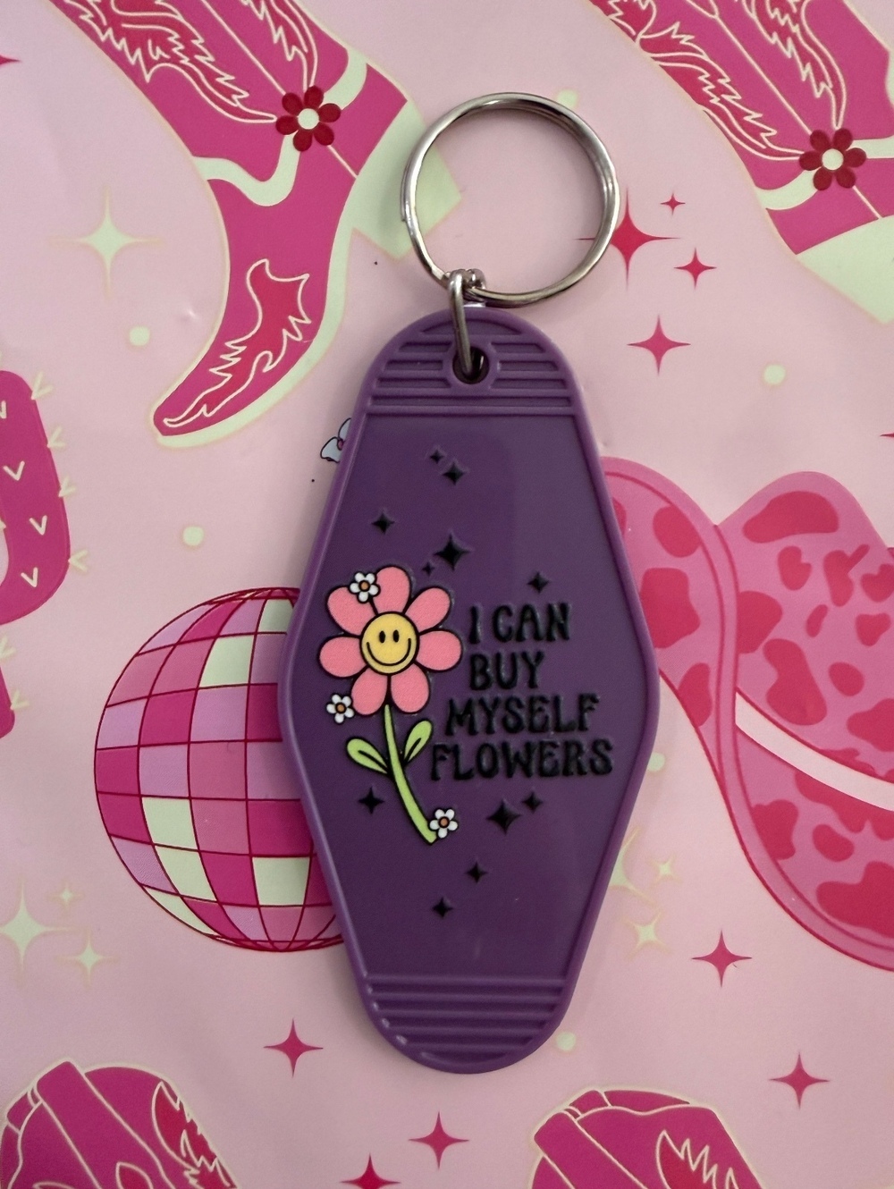 Purple Keychain with Smiling Flower and 'I Can Buy Myself' S